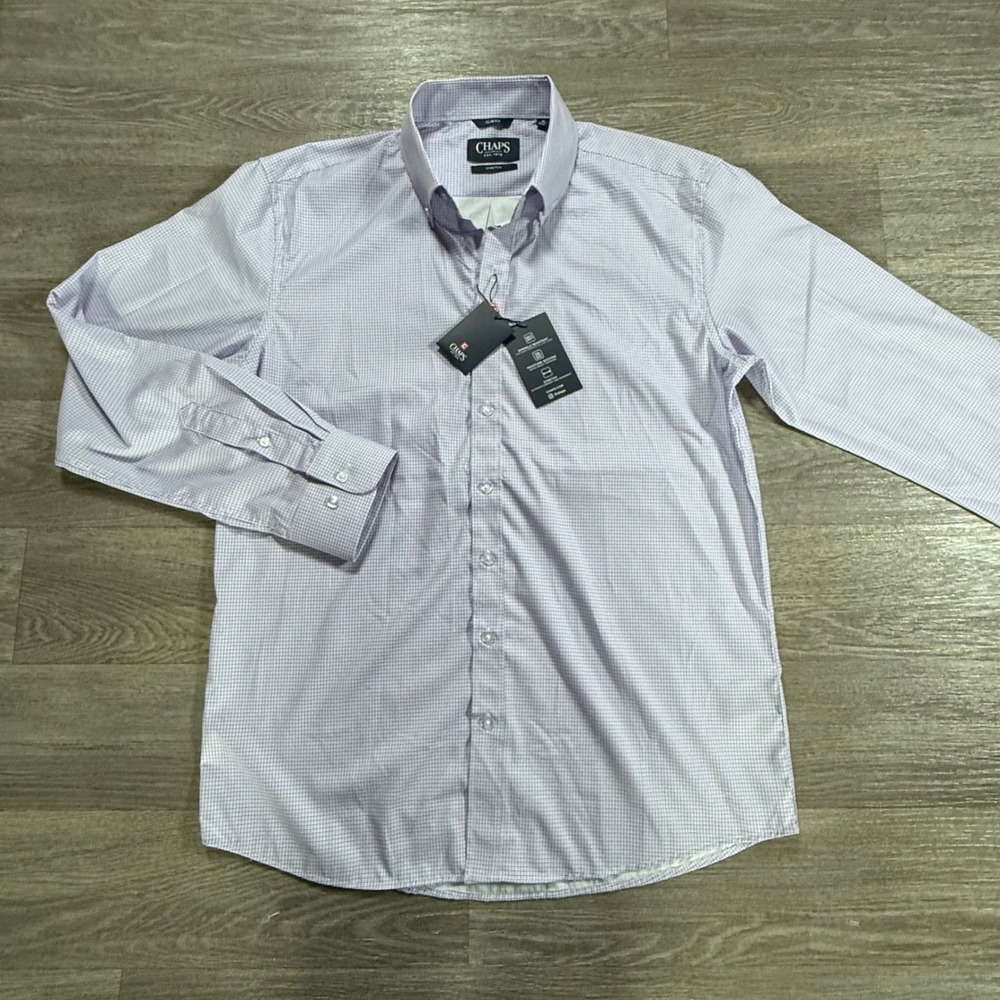 Chaps Mens Slim Fit Stretch Dress Shirt Purple White Check M 15-15.5 32/33 NEW